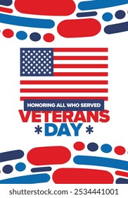 Veterans Day in United States. Federal holiday, celebrated annual in November 11. Honoring all who served. Patriotic american military concept. Poster, card, banner and background. Vector illustration