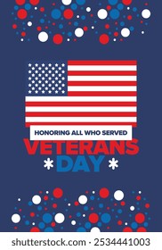 Veterans Day in United States. Federal holiday, celebrated annual in November 11. Honoring all who served. Patriotic american military concept. Poster, card, banner and background. Vector illustration