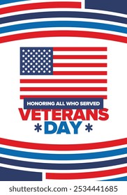 Veterans Day in United States. Federal holiday, celebrated annual in November 11. Honoring all who served. Patriotic american military concept. Poster, card, banner and background. Vector illustration