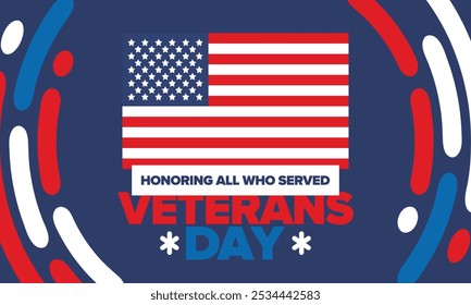 Veterans Day in United States. Federal holiday, celebrated annual in November 11. Honoring all who served. Patriotic american military concept. Poster, card, banner and background. Vector illustration