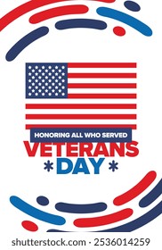 Veterans Day in United States. Federal holiday, celebrated annual in November 11. Honoring all who served. Patriotic american military concept. Poster, card, banner and background. Vector illustration