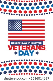 Veterans Day in United States. Federal holiday, celebrated annual in November 11. Honoring all who served. Patriotic american military concept. Poster, card, banner and background. Vector illustration