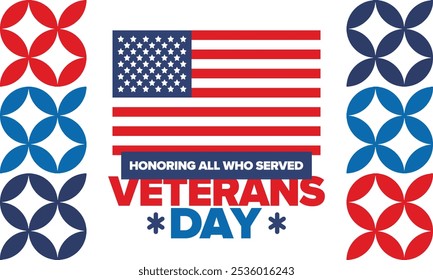 Veterans Day in United States. Federal holiday, celebrated annual in November 11. Honoring all who served. Patriotic american militar