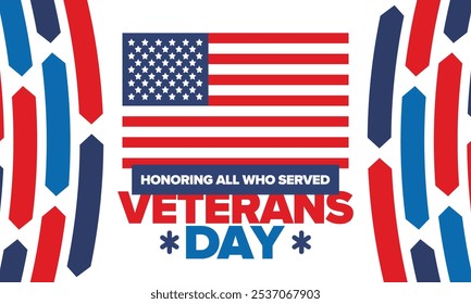 Veterans Day in United States. Federal holiday, celebrated annual in November 11. Honoring all who served. Patriotic american military concept. Poster, card, banner and background. Vector illustration