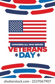 Veterans Day in United States. Federal holiday, celebrated annual in November 11. Honoring all who served. Patriotic american military concept. Poster, card, banner and background. Vector illustration