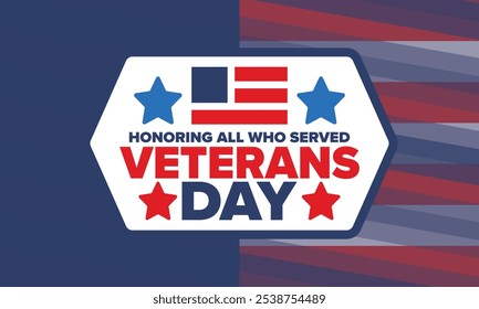 Veterans Day in United States. Federal holiday, celebrated annual in November 11. Honoring all who served. Patriotic american military concept. Poster, card, banner and background. Vector illustration