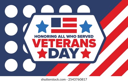 Día de los Veteranos en Estados Unidos. Festividad federal, celebrada anualmente el 11 de noviembre. Honrando a todos los que sirvieron. Concepto militar patriótico estadounidense. Póster, tarjeta, Anuncio y fondo. Ilustración vectorial