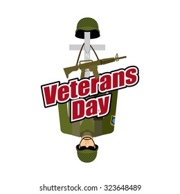Veterans Day. US Army soldier and war heros grave. Cross and soldiers helmet. Illustration for patriotic celebration of America.