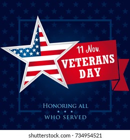 Veterans day USA banner, Honoring all who served. Veterans day greeting card with star and typographic design in american style. Vector illustration