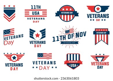 Colección de insignias de la bandera de los EEUU del Día de los Veteranos. Iconos de la insignia de Estados Unidos. Iconos de las insignias de los veteranos