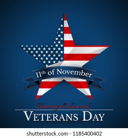 Veterans Day of USA with star in national flag colors american flag. Honoring all who served. Vector illustration.