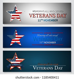 Veterans Day of USA with star in national flag colors american flag. Honoring all who served. Vector illustration.