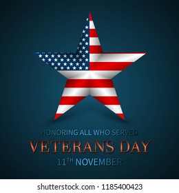 Veterans Day of USA with star in national flag colors american flag. Honoring all who served. Vector illustration.