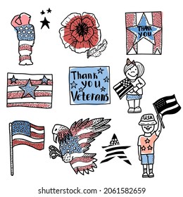 Veterans Day vector hand drawn set. American flag, red poppy, USA government symbols, american bald eagle, saluting soldier, kids with american flag, banner thank you veterans.