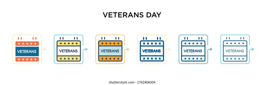 Veterans day vector icon in 6 different modern styles. Black, two colored veterans day icons designed in filled, outline, line and stroke style. Vector illustration can be used for web, mobile, ui