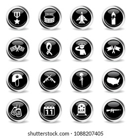 veterans day vector icons - black round chrome buttons