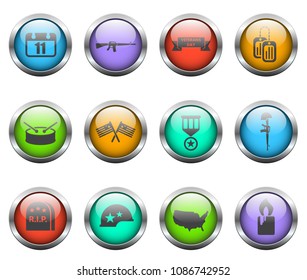 veterans day vector icons on color glass buttons