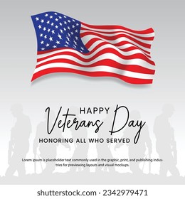 Veterans Day Vector illustration for 3D USA flag and Soldiers with White background. Honouring All Who Served.