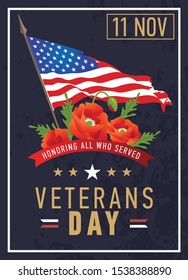 Veterans Day Vector illustration, Honoring all who served, USA flag waving on blue background and poppies flowers.