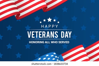 Veterans Day Vector Illustration, Honoring All Who Served. US Flag Waving On Blue Star Pattern Background