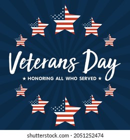 Veterans Day Vector illustration, Honoring all who served, USA flag waving on blue background.