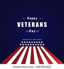  Veterans Day Vector illustration, Honoring all who served, USA flag waving on blue background. 