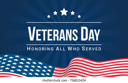 Veterans Day Vector illustration, Honoring all who served, USA flag waving on blue background.