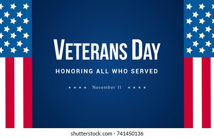 Veterans Day Vector illustration, Honoring all who served, USA flag on blue background.