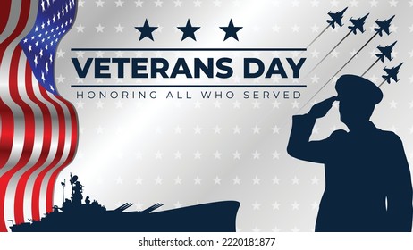 Ilustración vectorial del Día de los Veteranos con soldados saludables, caza a reacción y silueta de buque de guerra. Honrando a todos los que sirvieron. 11 de noviembre. Día de la memoria. Es bueno para tarjetas de felicitación, banner, etc.