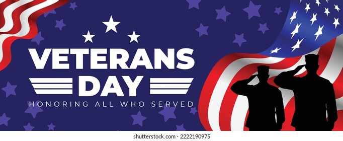 Veterans day vector illustration with saluting soldiers silhouette. Suitable for banner.