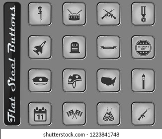 Veterans Day vector web icons on the flat steel buttons