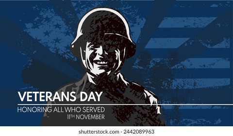 Día de los veteranos, honramos a todos los que sirvieron, silueta de soldado sonriente en casco - ilustración vectorial, pancarta, tarjeta