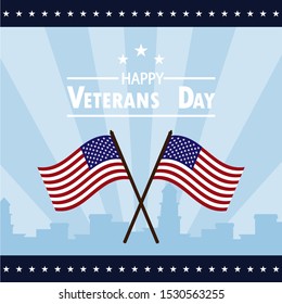 Veterans Day,Usa Twin flag and city on background. vector illustration.