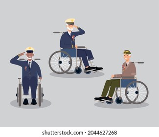 Veterans men on wheelchairs on purple background