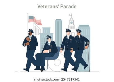 Ilustración del Desfile de Veteranos. El personal militar rinde homenaje a los militares con una marcha digna en medio del contexto urbano. Ceremonia patriótica, respeto, temas de unidad. Ilustración vectorial.