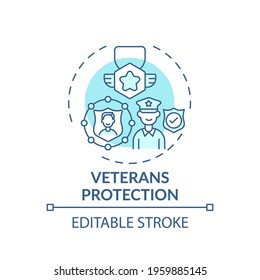 Veterans protection concept icon. Legal services types. Government legaly protects rights of after war people idea thin line illustration. Vector isolated outline RGB color drawing. Editable stroke