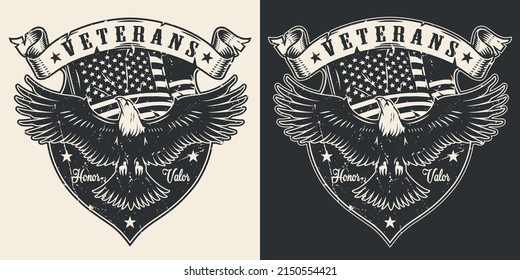 Veterans soldier emblem monochrome vintage eagle with outstretched wings and USA flag for military army vector illustration