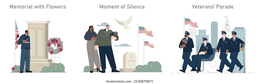 Veterans tribute set. A soldier at a memorial, a moment of respect, and a military parade. Reflection, honor, celebration of service. Vector illustration.