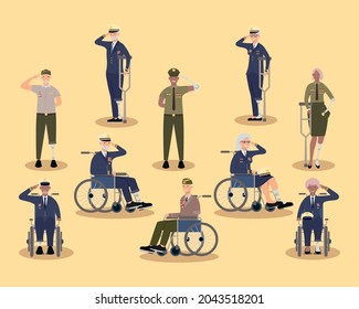 Veterans women and men with prosthetics on orange background