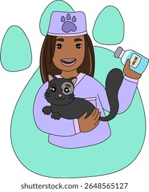 Veterinarian african american female holding a cat and a vaccine bottle vector illustration. Cartoon-style design with a paw print background. Ideal for pet care, vet clinics, and animal health