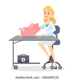 Veterinarian with animal as pig on white background.