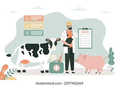 Veterinarian with animals cow, pig. Health check. Veterinarian giving medicine to farm animals. Agriculture industry, farming and animal husbandry healthcare and medical concept. Vector illustration