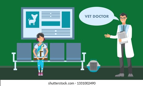 Veterinarian Appointment Vector Flat Illustration. Vet Doctor meet Girl with Macaw. Pet Lover, Doctor and Parrot Cartoon Character. Animal Hospital Interior. Vet Service Banner with Speech Bubble