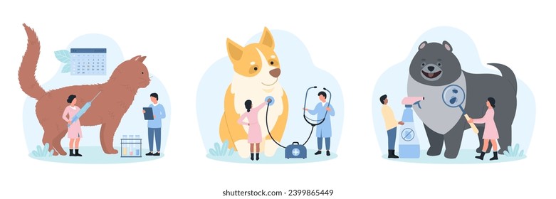 Nombramiento de veterinarios en la clínica de veterinaria para la ilustración vectorial. Médicos diminutos de caricatura con estetoscopio y lupa para comprobar la salud del corazón y de la piel de perros o gatos, mascota de la vacuna en el hospital veterinario