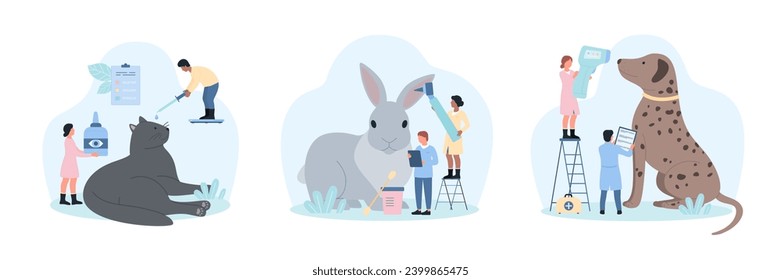 Veterinarian appointment at vet clinic set vector illustration. Cartoon tiny doctors with otoscope and medical infrared thermometer examine health of ear and body temperature, put drops in eyes