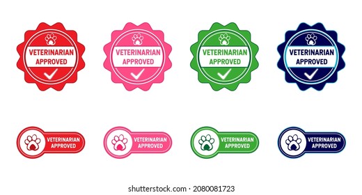 Etiqueta, sello, distintivo o logotipo aprobados para veterinarios. Con el símbolo de pata y verificación. En los colores rojo, rosa, verde y azul. Vector de emblema premium y de lujo