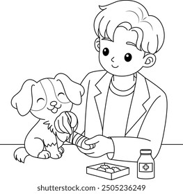 Veterinarian Bandaging a Dog's Paw Outline Coloring Page for Kids