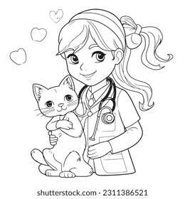 Veterinarian , Black and white coloring pages for kids, simple lines, cartoon style, happy, cute, funny, The drawings in the children's coloring book 