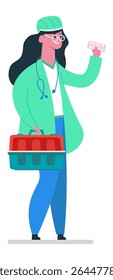 Veterinário carregando um transportador de animais de estimação enquanto segura um pacote de medicamentos, sorrindo alegremente e fornecendo cuidados de saúde essenciais para os animais, mostrando dedicação ao bem-estar do animal de estimação
