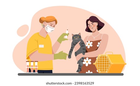 Veterinarian with cat concept. Woman give kitten to doctor with syringe. Care about pet and domestic animal. Health care and treatment. Cartoon flat vector illustration isolated on white background